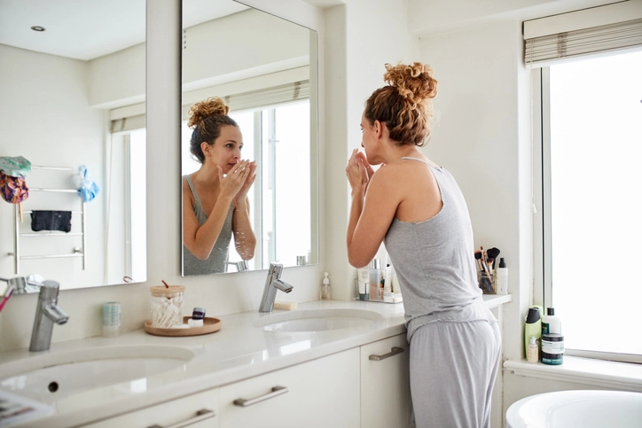 A Young Lady Practicing Oral Hygiene in Front of a Mirror to Get Rid of Bad Breath in Fenton, MO