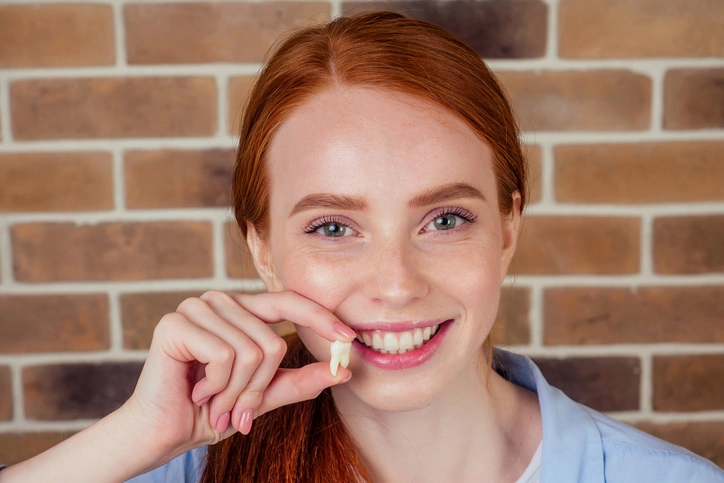 Person holding an extracted wisdom tooth in front of their mouth in Fenton, MO